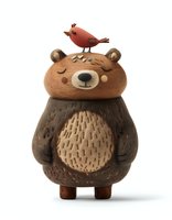 Cute brown bear character with red cardinal bird on head, standing pose with closed eyes and gentle smile. Clay style illustration on white background.