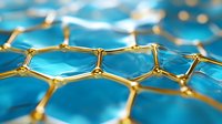 Macro view of golden hexagonal molecular structure on blue background, scientific concept showing nanotechnology and chemical bonds in modern research.