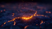 Glowing orange cracks with magical sparks on dark textured surface create mystical abstract pattern, dramatic lighting effect for backgrounds and designs.