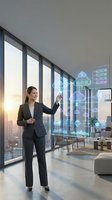 Young Caucasian businesswoman in suit interacting with glowing holographic cloud computing interface in modern high-rise office at sunset.