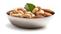 Mixed nuts in white ceramic bowl with green leaf, including cashews and almonds on white background for food photography and healthy eating concepts.