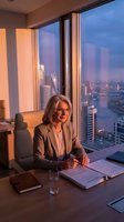 Middle-aged Caucasian businesswoman in professional blazer and glasses seated at executive desk in high-rise office during golden hour, city skyline visible through floor-to-ceiling windows, suitable for corporate, leadership, and business themes.
