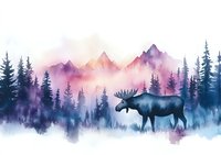 Watercolor mountain landscape with silhouette of moose among pine trees in misty forest, purple and blue gradient colors create dreamy wilderness scene.