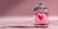 Pink heart floating in glass bottle against soft pink background, creating romantic and dreamy atmosphere for Valentine's Day or love concept.