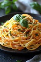 Delicious spaghetti pasta with fresh basil and herbs served in black bowl, homemade Italian cuisine ready for restaurant menu or cooking blog content.