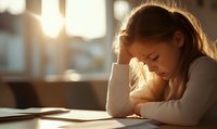 Young girl with red hair looking stressed while studying at desk, warm sunset light streaming through window creates emotional atmosphere.