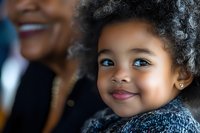 Close up portrait of smiling African American child with natural curly hair wearing dark sweater, soft natural lighting creates warm atmosphere for family photography.