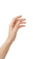 Elegant female hand with natural manicure isolated on white background for skincare and beauty concepts.