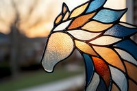 Stained glass horse head with vibrant blue, orange and yellow feathered mane design, backlit by warm sunlight creating luminous textured effect.