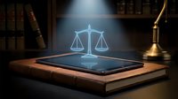 Holographic scales of justice glowing on smartphone screen placed on law book with brass lamp and bookshelf background, symbolizing legal technology and digital law services.