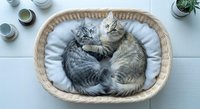 Two adorable tabby kittens cuddling together in wicker basket with soft white bedding. Cozy pet photography for animal lovers and home decor themes.