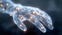 Digital wireframe hand reaching with glowing nodes and connections on dark background, representing artificial intelligence and technological advancement in human-machine interface.