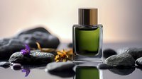 Green perfume bottle on black spa stones with purple and yellow flowers reflected in water surface against blurred background, wellness concept for aromatherapy.