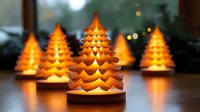 Glowing ceramic Christmas trees with warm light illuminating through layered branches create cozy holiday atmosphere on wooden surface against blurred background.