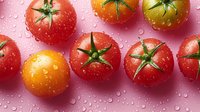 Fresh ripe red and yellow cherry tomatoes with water drops on pink background, top view. Healthy organic vegetables for cooking and salad.