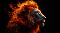 Majestic lion head in profile with fiery glowing mane against black background, dramatic lighting creates mystical effect of flames in fur. Powerful wildlife art.