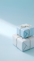 Two elegant gift boxes wrapped in soft blue paper with natural twine bows on pastel background for special occasions and celebrations.