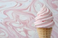 Soft pink swirl ice cream cone against marble background, showcasing creamy dessert texture for food marketing and summer treat promotions.