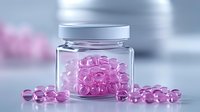 Pink translucent gel capsules or pills scattered around clear glass jar with white lid on soft blurred background, pharmaceutical and medical concept.