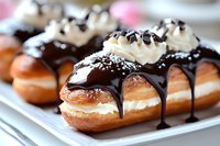 Fresh cream-filled eclairs topped with dark chocolate ganache and whipped cream rosettes, garnished with chocolate chips on white serving plate. Delectable pastries.