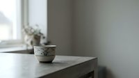 Minimalist ceramic tea bowl with floral motif sits on concrete surface near window with soft natural light, suitable for home decor and lifestyle content.