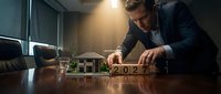 Mature male professional in business suit arranging wooden blocks with 2024 numbers on desk, symbolizing new year planning and business strategy in modern office setting.