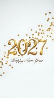 Golden 2027 numerals with scattered bronze stars and Happy New Year text on white background for festive celebrations.