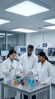 Three diverse scientists in white lab coats conducting chemical experiments with colorful solutions in modern laboratory setting with computers and equipment.