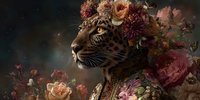Majestic leopard portrait adorned with vintage roses and peonies in ornate floral crown arrangement against dark mystical background for luxury design.