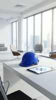 Blue hard hat and tablet on modern office desk with city skyline view through floor-to-ceiling windows for construction management and engineering projects.