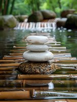 Balanced zen stones on bamboo water fountain with bokeh reflections in tranquil garden pond, creating peaceful meditation and wellness atmosphere.
