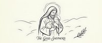 Jesus Christ as good shepherd holding lamb with halo in minimalist line art style for religious designs and spiritual content.