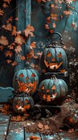 Glowing jack o'lanterns with turquoise patina finish arranged on rustic steps among autumn maple leaves create magical Halloween atmosphere in moody dark setting.
