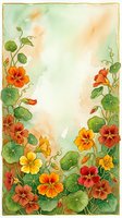 Watercolor nasturtium floral border frame with orange, red and yellow blooms and green leaves, soft background with copy space for text.