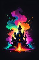 Magical castle silhouette with glowing windows surrounded by vibrant rainbow smoke and colorful light effects on dark background, fantasy art style composition.