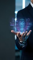 Businessman in dark suit holding glowing digital hologram displaying AI risk assessment data with neural network visualization and analytics charts for technology and business concepts.