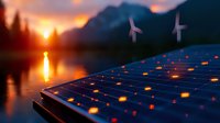 Solar panels and wind turbines at sunset with mountain silhouettes and lake reflection. Renewable energy concept showing sustainable power generation in nature.