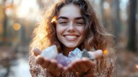 Young Mediterranean woman with curly hair holding crystals in cupped hands, smiling joyfully outdoors with natural bokeh lights and autumn forest background.