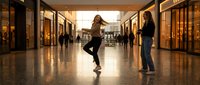 Young woman skateboarding through modern shopping mall corridor with warm lighting and storefronts while another person walks nearby during evening hours.