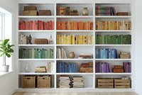 Organized home library with color-coordinated books arranged on white built-in shelves creating rainbow spectrum display for interior design inspiration.