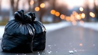 Black garbage bags on winter street with bokeh lights and snow, environmental concept showing waste disposal during cold season at dusk.