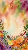 Watercolor background with vibrant gradient wash in pink, yellow, green and purple tones, decorated with botanical elements, citrus slices, spices and berries for culinary, wellness and seasonal design projects.