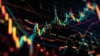 Colorful stock market candlestick chart with technical analysis indicators showing financial trading data on dark background.