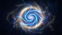 Glowing spiral galaxy with blue and golden light swirls against dark space, featuring cosmic dust and stars for astronomy, science fiction, and space exploration designs.