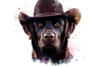 Black Labrador retriever wearing brown cowboy hat, artistic watercolor portrait with splatter effects and glowing amber eyes on white background.