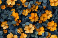 Vibrant orange cosmos flowers bloom against dark teal foliage creating dramatic natural contrast, suitable for floral designs and botanical wall art prints.