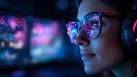 Young Asian woman in headphones with neon lights and bokeh reflections in glasses, profile view against dark background with purple and blue city lights.