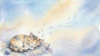Sleeping kitten curled up on soft blanket with dreamy watercolor sky background for nursery decor and children's illustration projects.