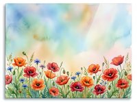 Watercolor wildflower meadow with red poppies and blue cornflowers against soft pastel sky background for spring and summer botanical designs.