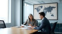 Professional business meeting with diverse executives discussing global strategy in modern corporate office with world map background for international consulting.